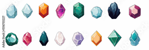 Flat minimalist vector set of colorful gemstone and crystal icons with various shapes including emerald ruby sapphire diamond and quartz minerals collection design