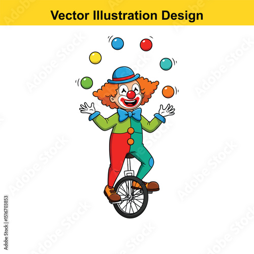 Happy clown riding unicycle cartoon illustration