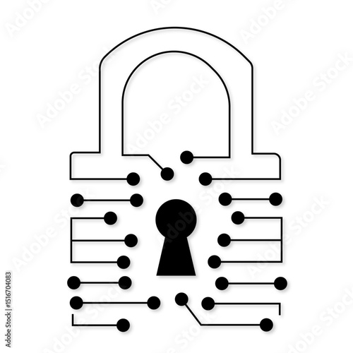 padlock interconnected printed circuit lines board, vector technology logo 