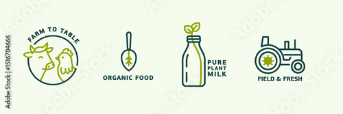 Sustainable farming icons for organic food and plant-based milk branding