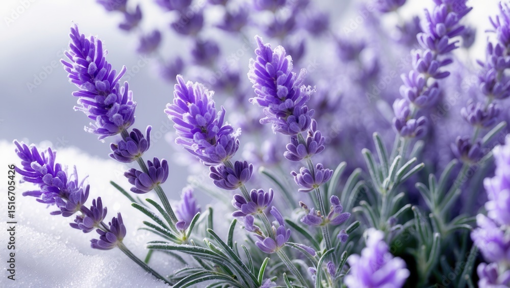 Fototapeta premium Close-up of vibrant purple lavender flowers blooming in fresh white snow during winter season