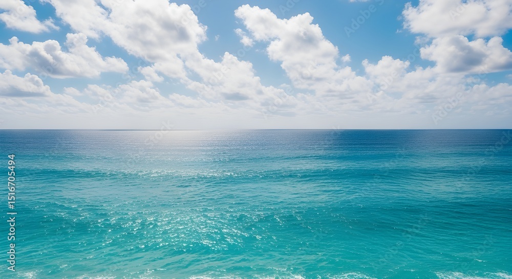 Turquoise Blue Ocean Water with White Clouds | Tranquil Seascape for Summer Travel and Relaxation Marketing Turquoise Blue Ocean Water with White Clouds | Tranquil Seascape for Summer Travel and Relaxation Marketing