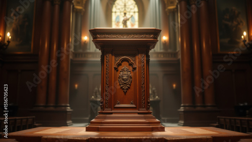 A solemn church altar bathed in sunlight through a stained glass window.