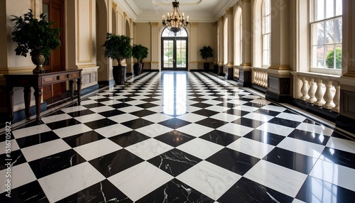 Black and white checkered marble floor