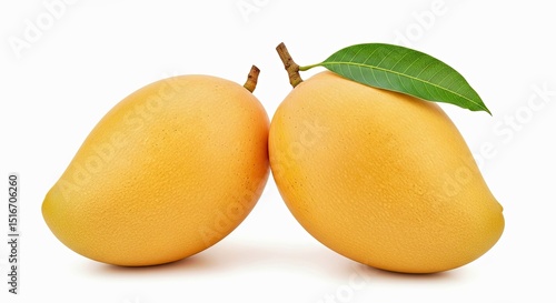 Alphonso Yellow Mango Fruit Duo Stems Green Leaf Isolated White Background Sweet