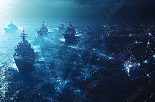 Modern military assets fighter jets naval ships satellites data links. Ocean scene. Ships connected by data network. Aerial view. War tech future. Strategic defense. Global power. Military strength.