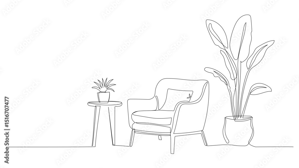 Fototapeta premium Minimalist continuous line drawing of armchair, lamp and plant. Modern loft-style living room interior. Editable vector illustration in linear doodle style.