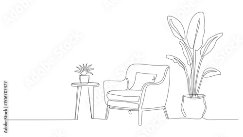 Minimalist continuous line drawing of armchair, lamp and plant. Modern loft-style living room interior. Editable vector illustration in linear doodle style.