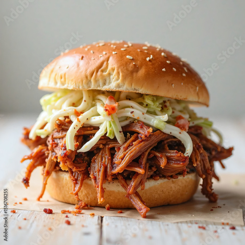 Pulled pork BBQ sandwich with coleslaw on brioche bun