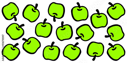 Vector colored horizontal banner with many green apples on a white isolated background