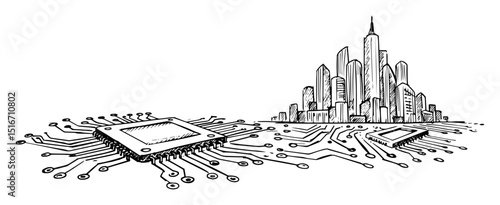 cityscape growing from microchip illustration