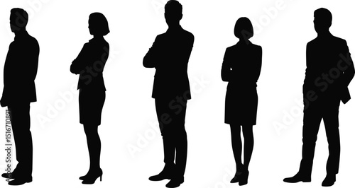 Silhouettes of confident business professionals standing, formal office attire, male and female team members, isolated vector illustration