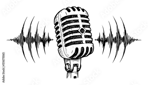 vintage microphone with sound waves illustration