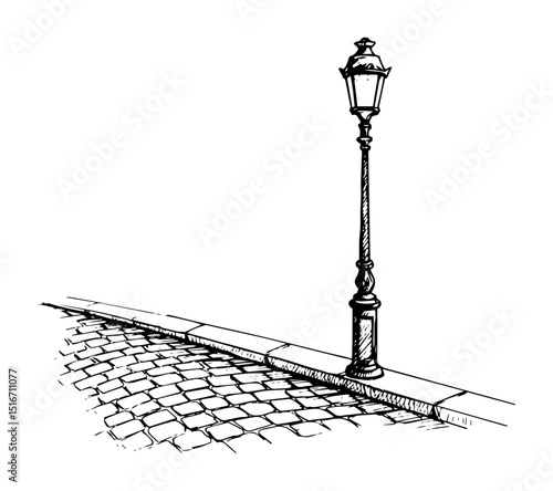 street lamp on cobblestone corner illustration