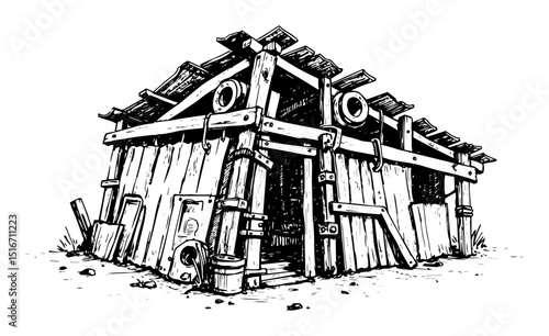 post apocalyptic wooden shack shelter illustration