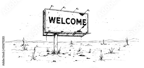 damaged welcome sign in desert wasteland