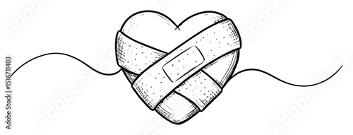 bandaged heart line art emotional illustration