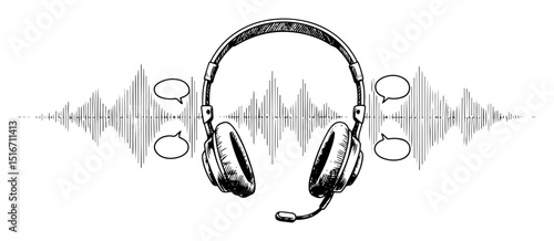 headphones with sound waves and speech bubbles