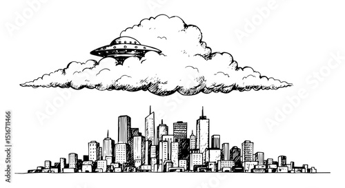 ufo hovering over city skyline illustration