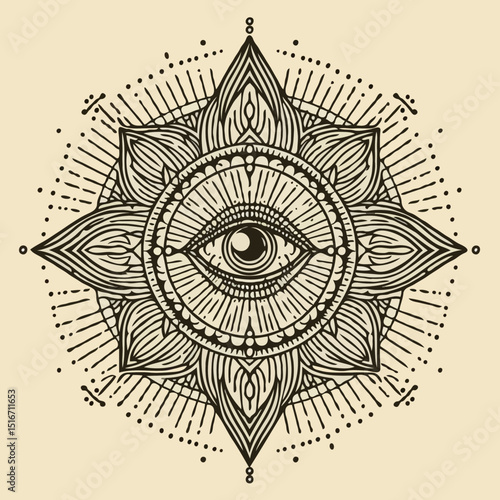 Geometric mandala with all-seeing eye in black line art style  