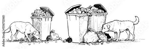 stray dogs searching trash bins for food