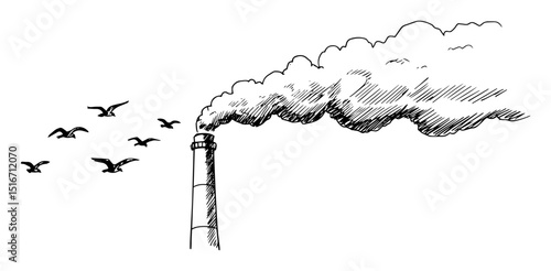 smokestack emitting pollution with birds flying