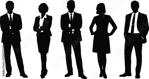 Business professionals standing in confident poses, male and female silhouettes in formal attire, vector illustration for corporate, office, teamwork concepts