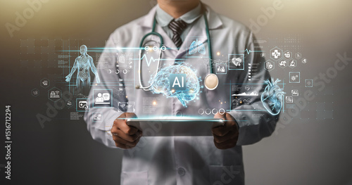 Medical Technology Doctors use AI technology to diagnose, care and improve the accuracy of patient treatment in the future. Medical research, medical innovation for future health.