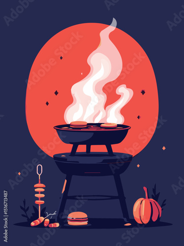 Minimalist BBQ Illustration – Grill with Bold Moon

