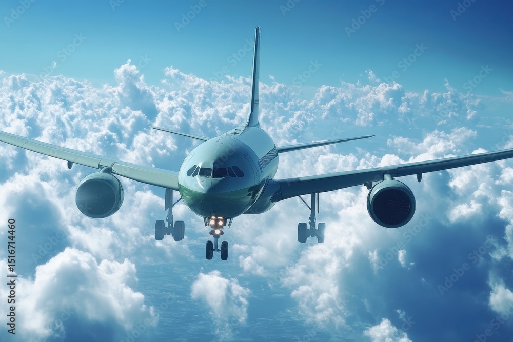 Fototapeta premium Airplane flying above fluffy clouds