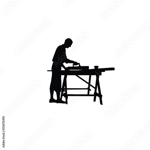 Silhouette of a carpenter sawing wood on table, front view on white background