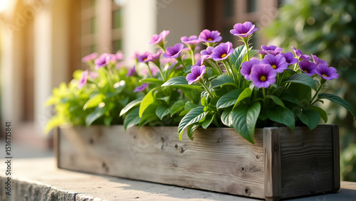 Purple blooms cascade from rustic planter box