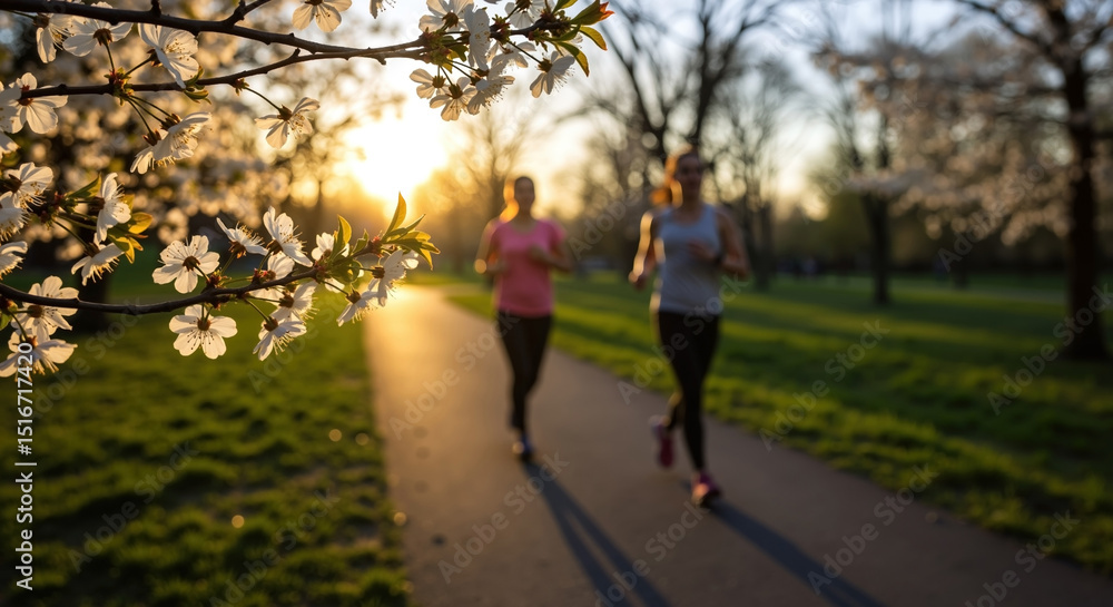 White cherry blossoms with two joggers running on park path during golden sunset. Spring flowers blooming while people exercise outdoors. Active lifestyle concept. Fitness coaching, wellness programs White cherry blossoms with two joggers running on park path during golden sunset. Spring flowers blooming while people exercise outdoors. Active lifestyle concept. Fitness coaching, wellness programs