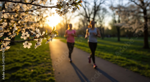 Wallpaper Mural White cherry blossoms with two joggers running on park path during golden sunset. Spring flowers blooming while people exercise outdoors. Active lifestyle concept. Fitness coaching, wellness programs Torontodigital.ca