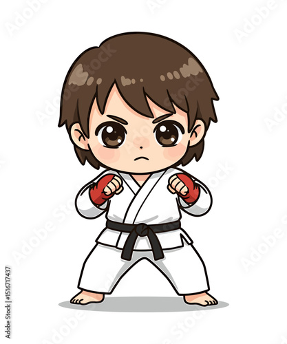 A cute chibi-style illustration of a young boy in a karate gi, ready to fight.