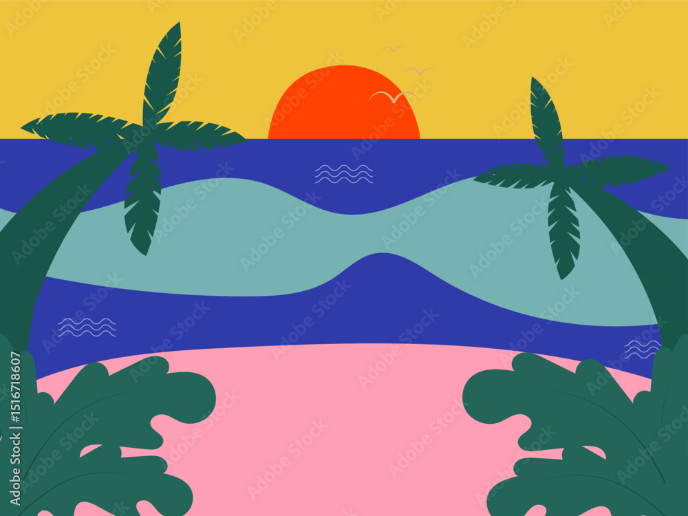 Obraz premium Illustration of a view behind palm trees on the beach at sunset in Matisse style