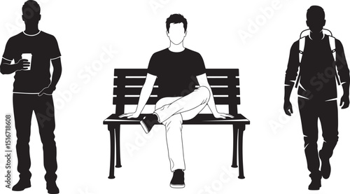 Flat black vector silhouette icons of a man standing with coffee cup, sitting on bench, and walking with backpack, representing daily lifestyle and activity