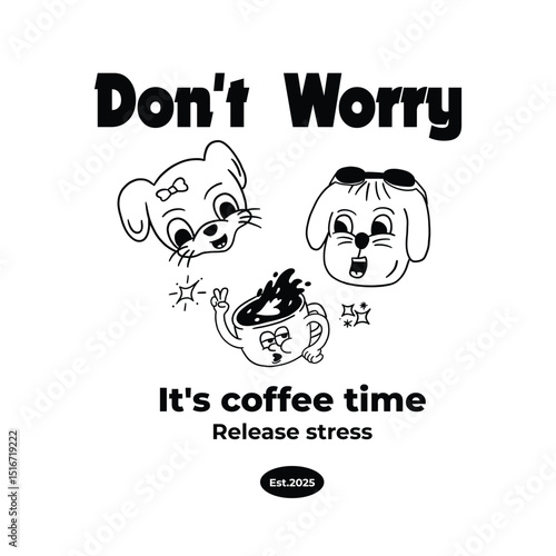 coffee and animals retro cartoon character t-shirt design illustration