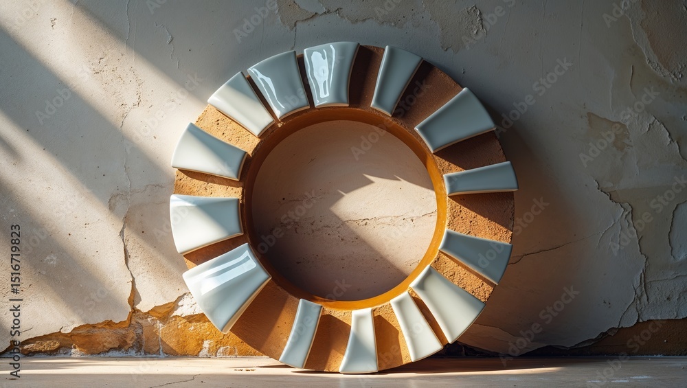 Fototapeta premium Assembled Ring: White Tile Segments and Sunlight on Textured, Weathered Background