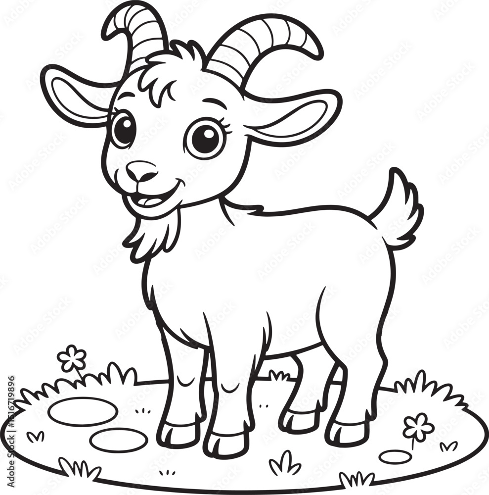 Fototapeta premium Cute Cartoon Goat Standing On Grass With Flowers