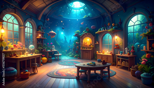 Whimsical undersea room with floating fish