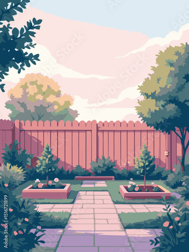 Garden with Red Fence in Backyard