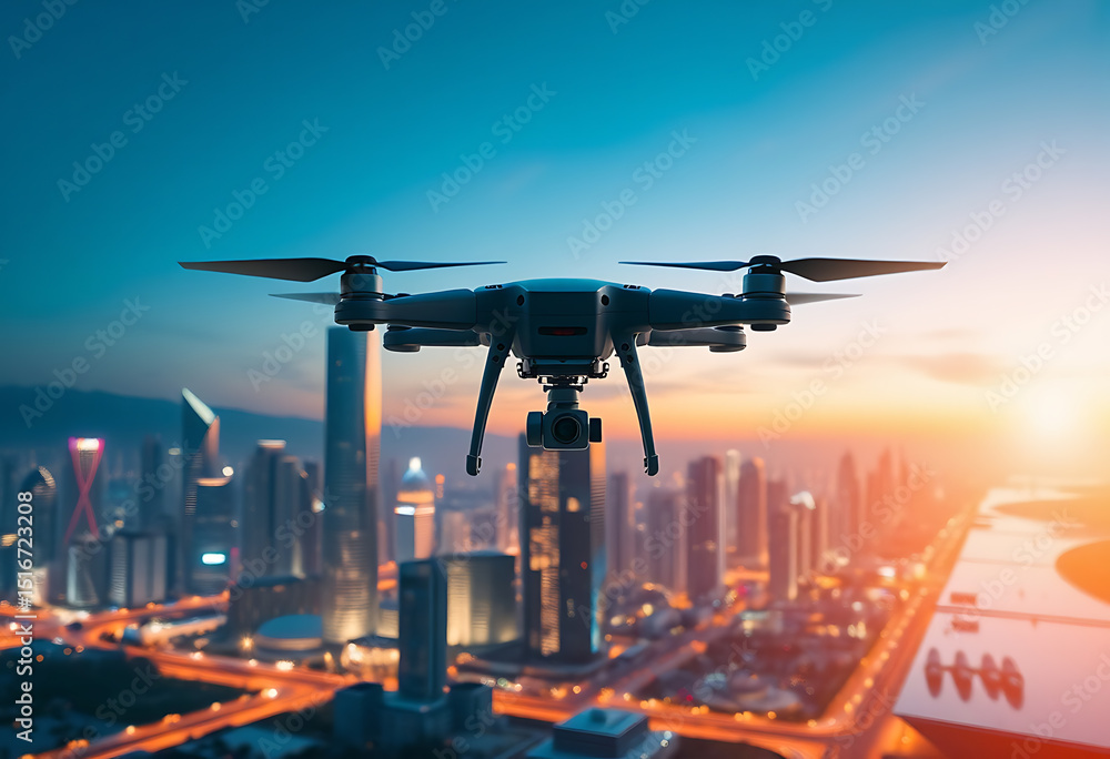 Drone flying over a modern city at sunset Drone flying over a modern city at sunset