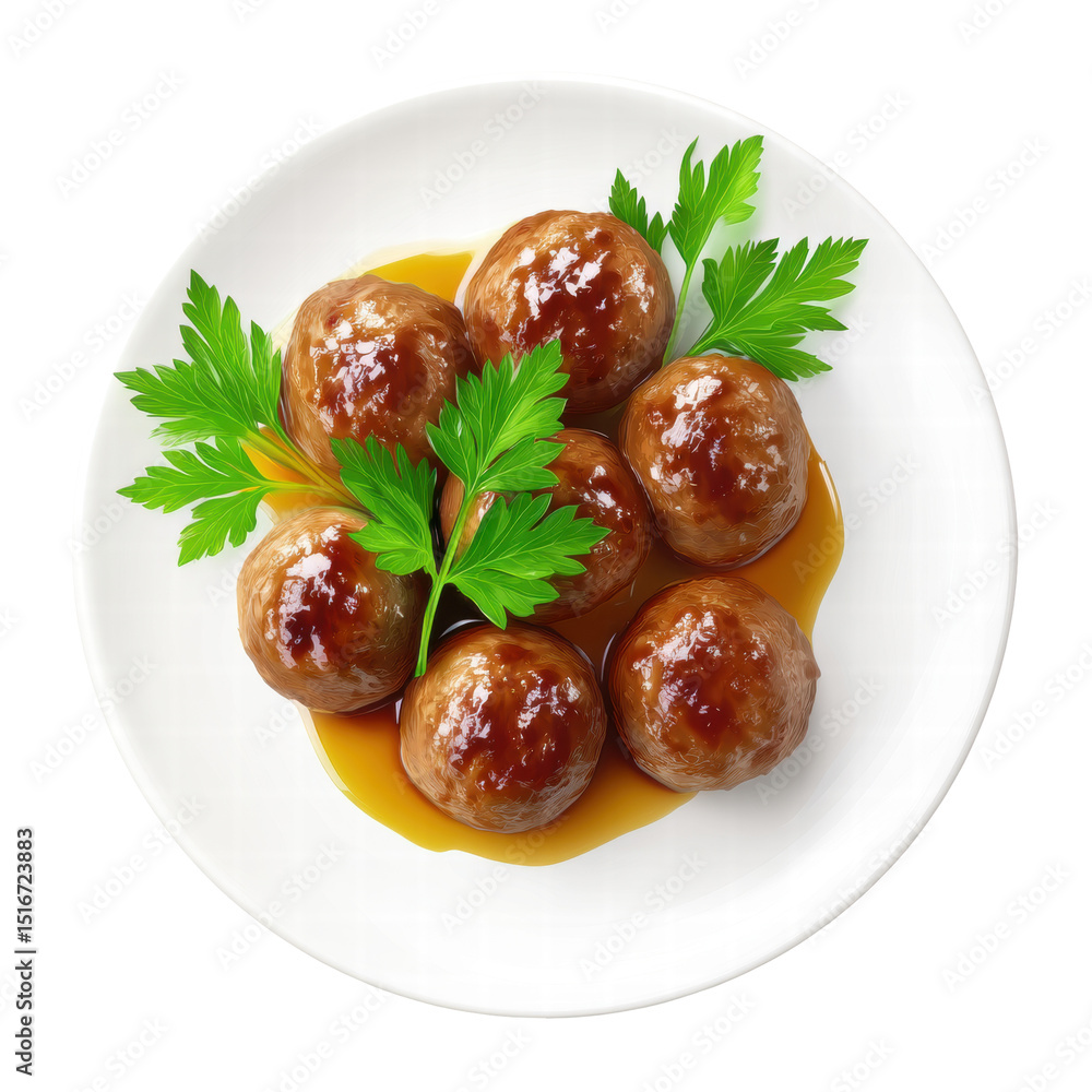 Isolated meatball on white plate with sauce and green parsley on transparent background Isolated meatball on white plate with sauce and green parsley on transparent background