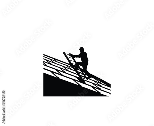 Silhouette of a worker installing roof shingles on top on white background