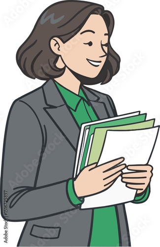 Businessperson holding documents and smiling in office attire