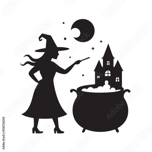 Witch Stirring Halloween Cauldron Silhouette