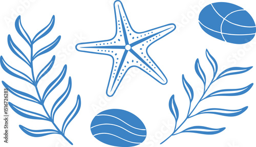 Blue starfish seaweed stones summer ocean design