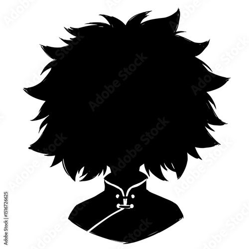 Silhouette of a person with curly hair in a traditional jacket  
