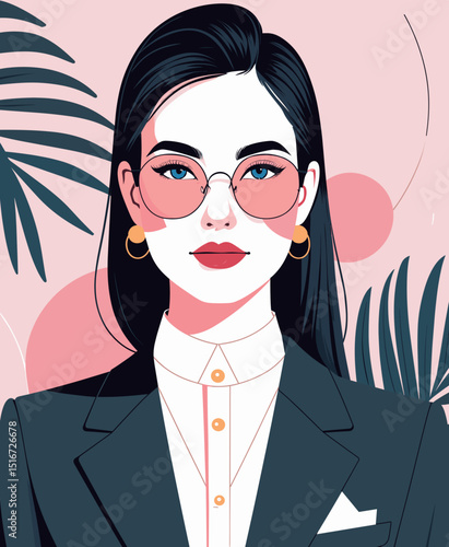 Young businesswoman in sunglasses wearing a blazer against pastel background  